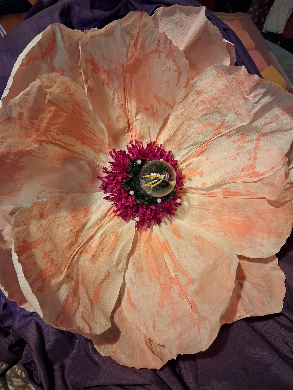 Peach and Magenta Oversized Italian Crepe Paper Flower Hanging LED Lamp